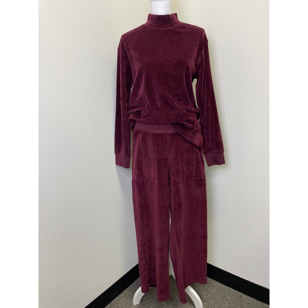Pact Organic Cotton Velour Lounge Set Burgundy Mock Neck Top Wide Leg Pants S